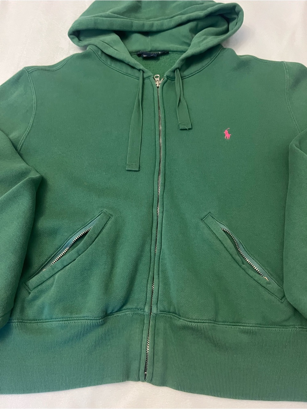 Vintage Ralph Lauren Green Shrunken Zip Hoodie with Pink Pony Embroidery - Picture 4 of 7